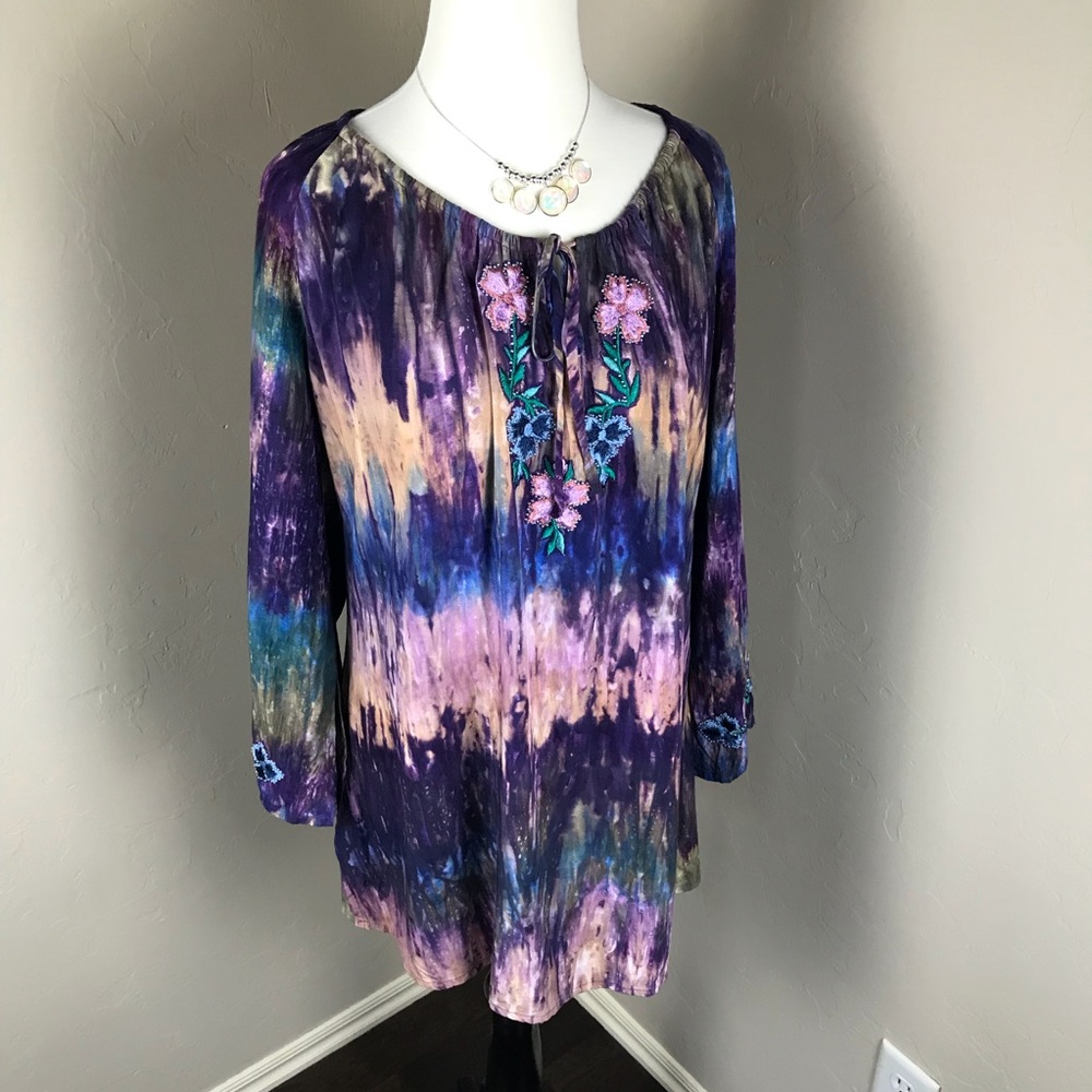 Faith Embroidered Beaded Tie Dye Mini Dress/Tunic